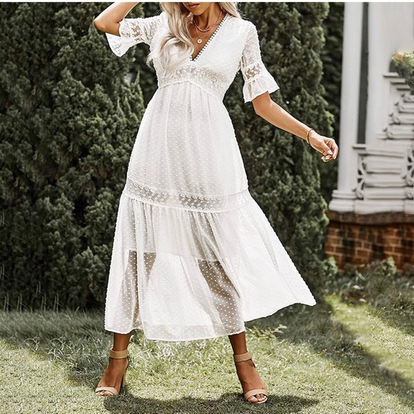 ✦Boho Long Elegant Lace Embroidered White Maxi Dress✦ - Picture 3 of 5